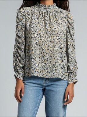 Max Studio Women's Long Ruffle Neck Sleeve Boat Neck Blue Floral Top Size S Boho